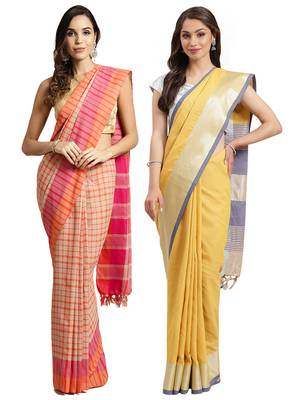 Multicolor woven blended cotton saree with blouse 1