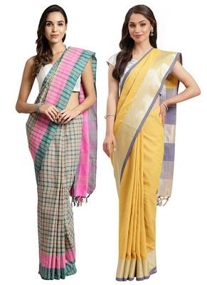 Multicolor woven blended cotton saree with blouse 1