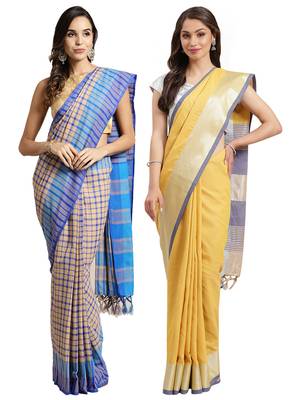 Multicolor woven blended cotton saree with blouse 1