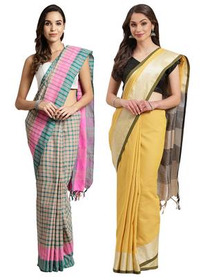 Multicolor woven blended cotton saree with blouse 1