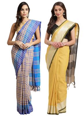Multicolor woven blended cotton saree with blouse 1