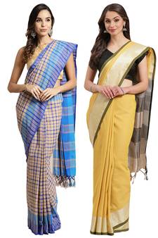 Multicolor woven blended cotton saree with blouse