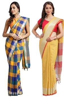 Multicolor woven blended cotton saree with blouse
