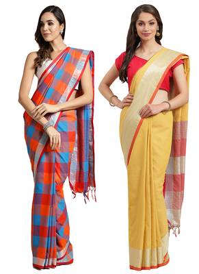 Multicolor woven blended cotton saree with blouse 1