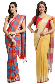 Multicolor woven blended cotton saree with blouse