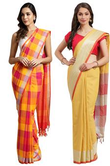 Multicolor woven blended cotton saree with blouse
