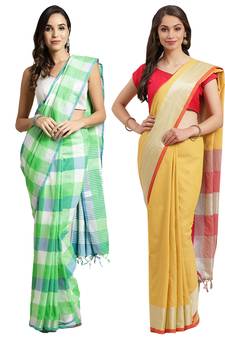 Multicolor woven blended cotton saree with blouse