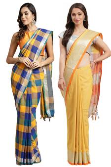 Multicolor woven blended cotton saree with blouse