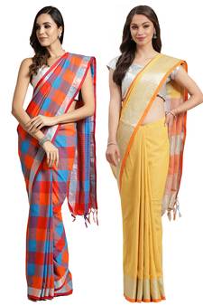 Multicolor woven blended cotton saree with blouse