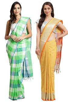 Multicolor woven blended cotton saree with blouse