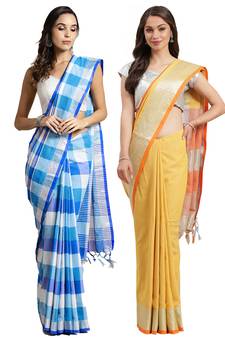 Multicolor woven blended cotton saree with blouse