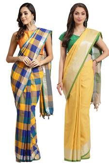 Multicolor woven blended cotton saree with blouse