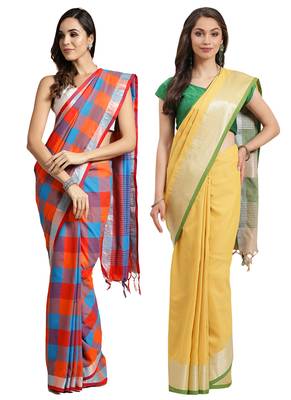Multicolor woven blended cotton saree with blouse 1