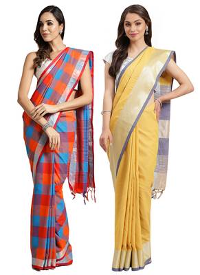 Multicolor woven blended cotton saree with blouse 1