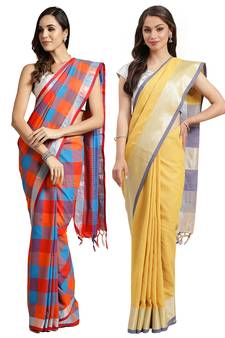 Multicolor woven blended cotton saree with blouse