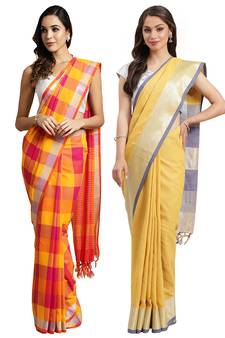 Multicolor woven blended cotton saree with blouse