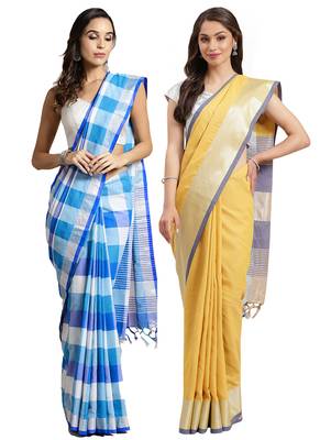 Multicolor woven blended cotton saree with blouse 1