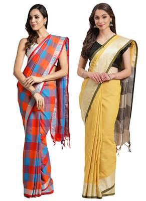Multicolor woven blended cotton saree with blouse 1