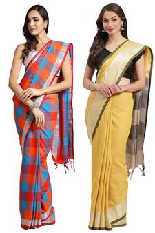 Multicolor woven blended cotton saree with blouse