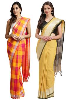 Multicolor woven blended cotton saree with blouse
