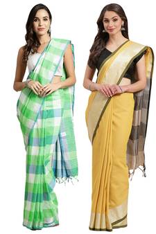 Multicolor woven blended cotton saree with blouse