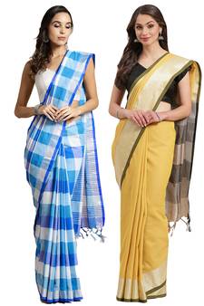 Multicolor woven blended cotton saree with blouse