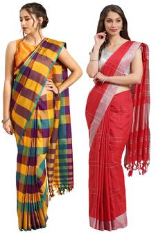 Multicolor woven blended cotton saree with blouse