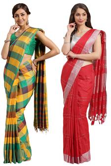 Multicolor woven blended cotton saree with blouse