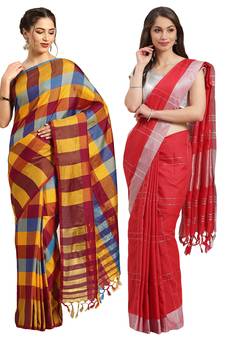 Multicolor woven blended cotton saree with blouse