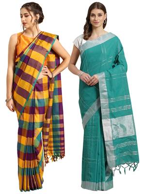Multicolor woven blended cotton saree with blouse 1