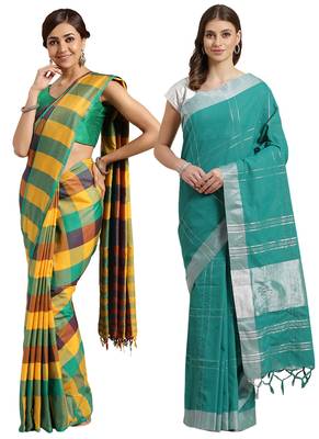Multicolor woven blended cotton saree with blouse 1