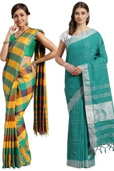 Multicolor woven blended cotton saree with blouse