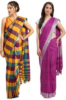 Multicolor woven blended cotton saree with blouse