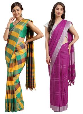 Multicolor woven blended cotton saree with blouse 1
