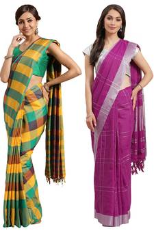 Multicolor woven blended cotton saree with blouse