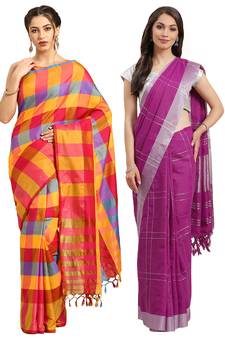 Multicolor woven blended cotton saree with blouse