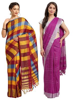 Multicolor woven blended cotton saree with blouse 1