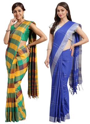 Multicolor woven blended cotton saree with blouse 1
