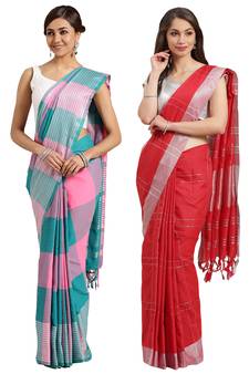 Multicolor woven blended cotton saree with blouse