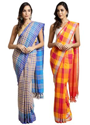 Multicolor woven blended cotton saree with blouse 1