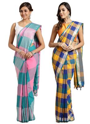 Multicolor woven blended cotton saree with blouse 1