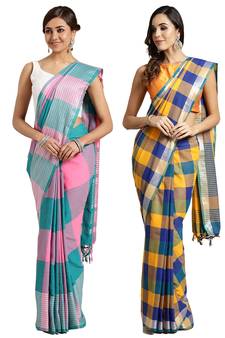Multicolor woven blended cotton saree with blouse
