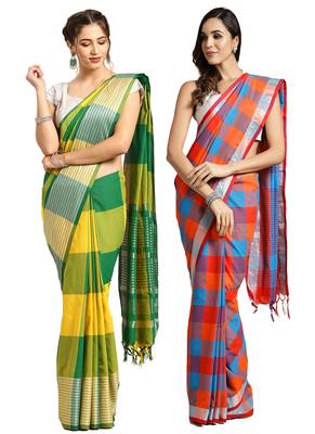 Multicolor woven blended cotton saree with blouse 1