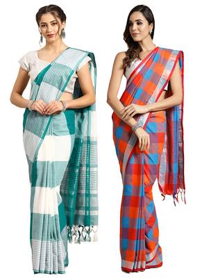 Multicolor woven blended cotton saree with blouse 1