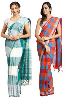Multicolor woven blended cotton saree with blouse