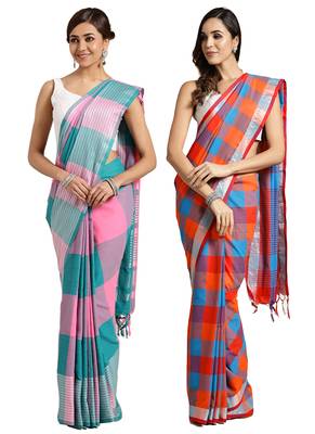 Multicolor woven blended cotton saree with blouse 1