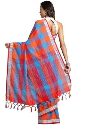 Multicolor woven blended cotton saree with blouse 2