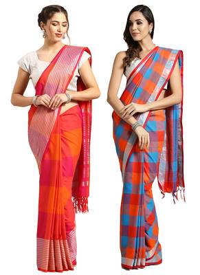 Multicolor woven blended cotton saree with blouse 1
