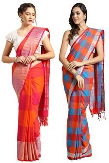 Multicolor woven blended cotton saree with blouse
