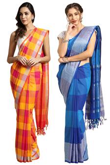 Multicolor woven blended cotton saree with blouse